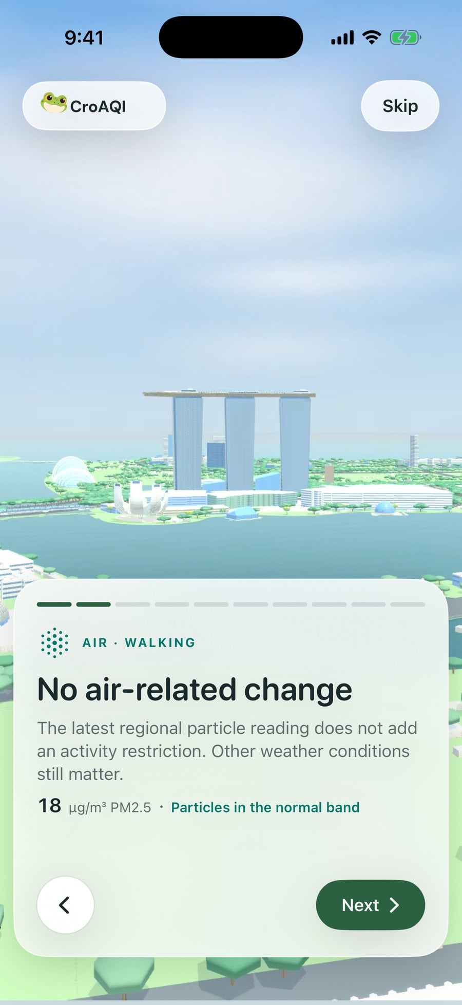 CroAQI air advice for a walk on an easy day at Marina Bay.