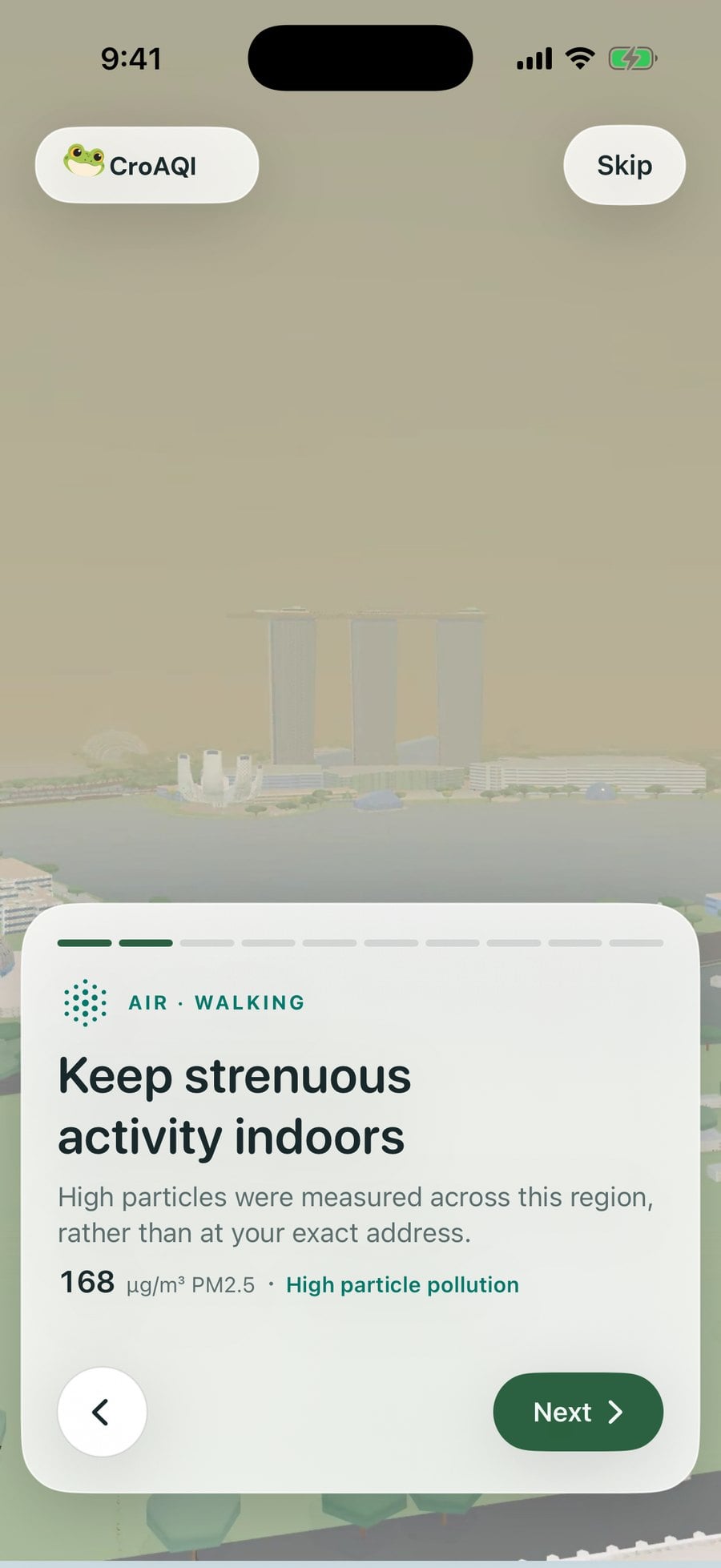 CroAQI air advice for a walk on a tough day at Marina Bay.