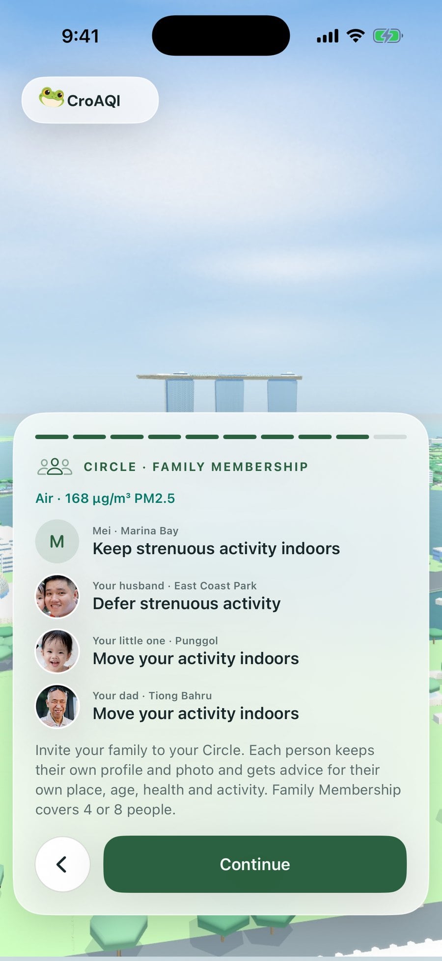 The Circle in CroAQI on a hazy day, with separate advice for Mei, her husband, her child and her dad.