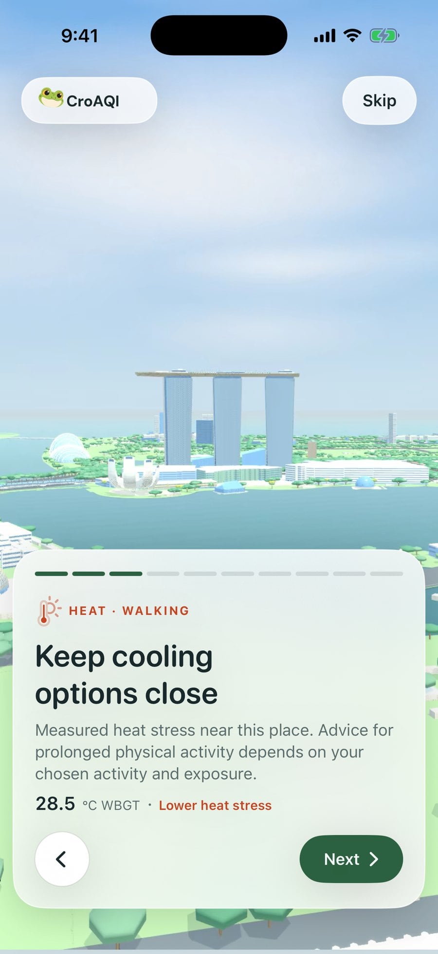 CroAQI heat advice for a walk on an easy day at Marina Bay.