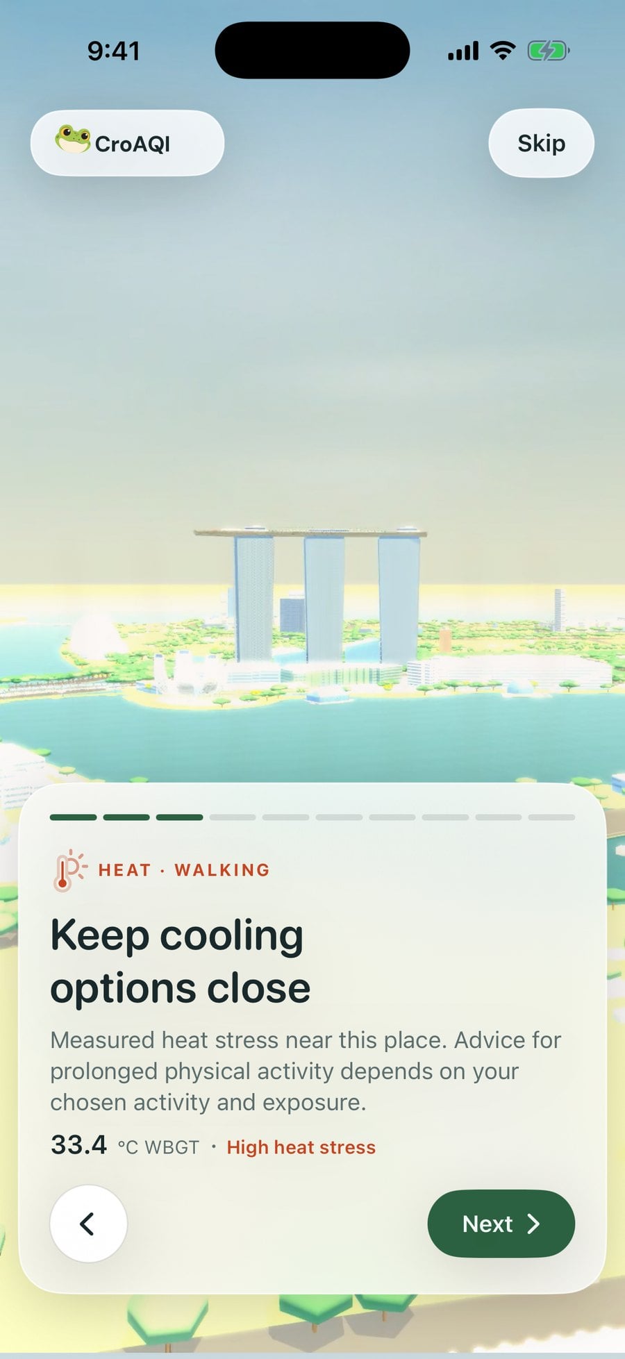 CroAQI heat advice for a walk on a tough day at Marina Bay.