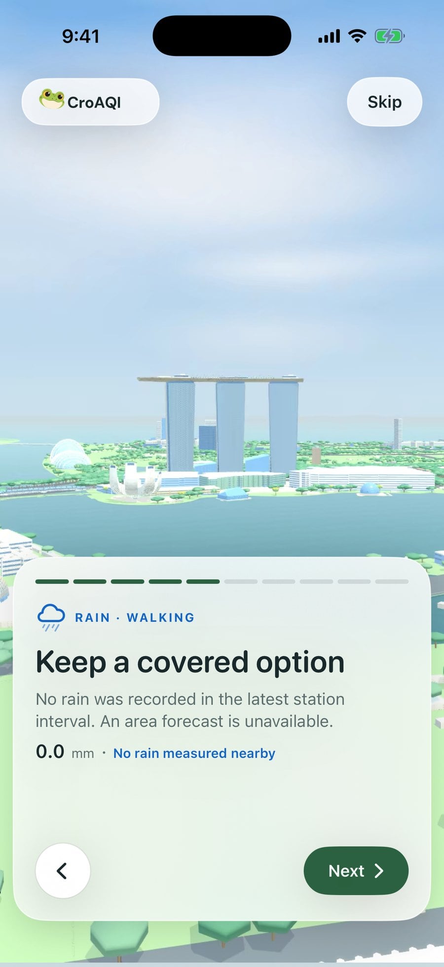 CroAQI rain advice for a walk on an easy day at Marina Bay.