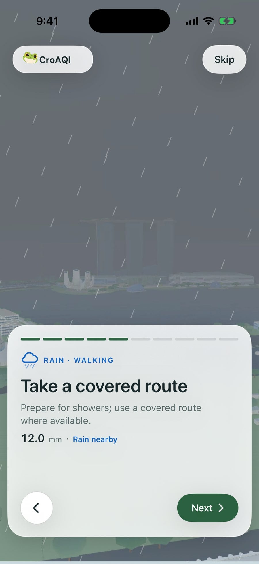 CroAQI rain advice for a walk on a tough day at Marina Bay.