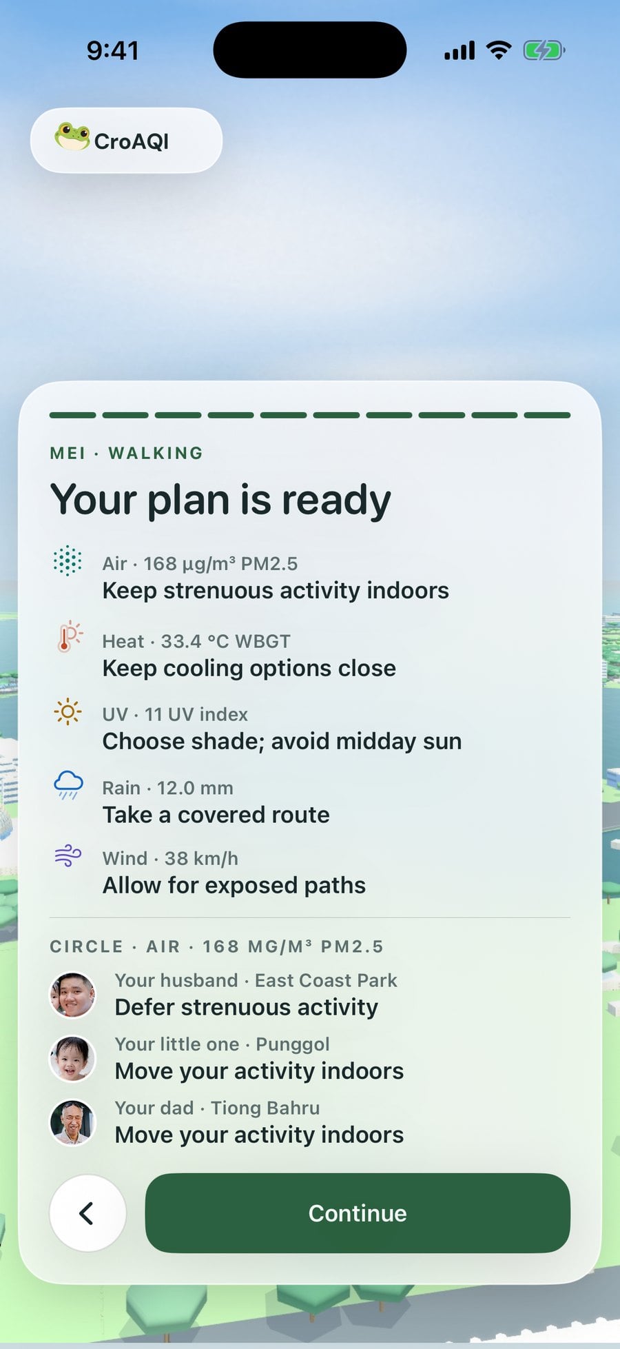 CroAQI's plan for Mei's walk, with advice for air, heat, UV, rain and wind and for each person in her Circle.