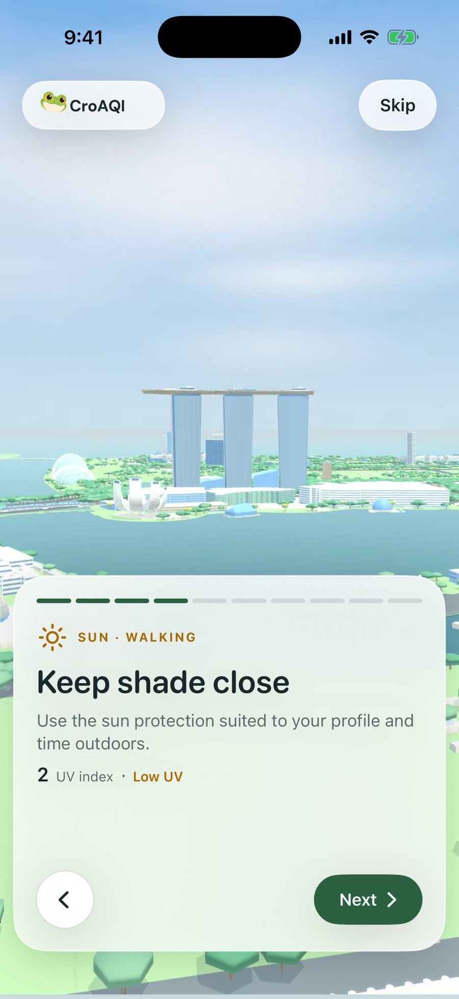 CroAQI sun advice for a walk on an easy day at Marina Bay.