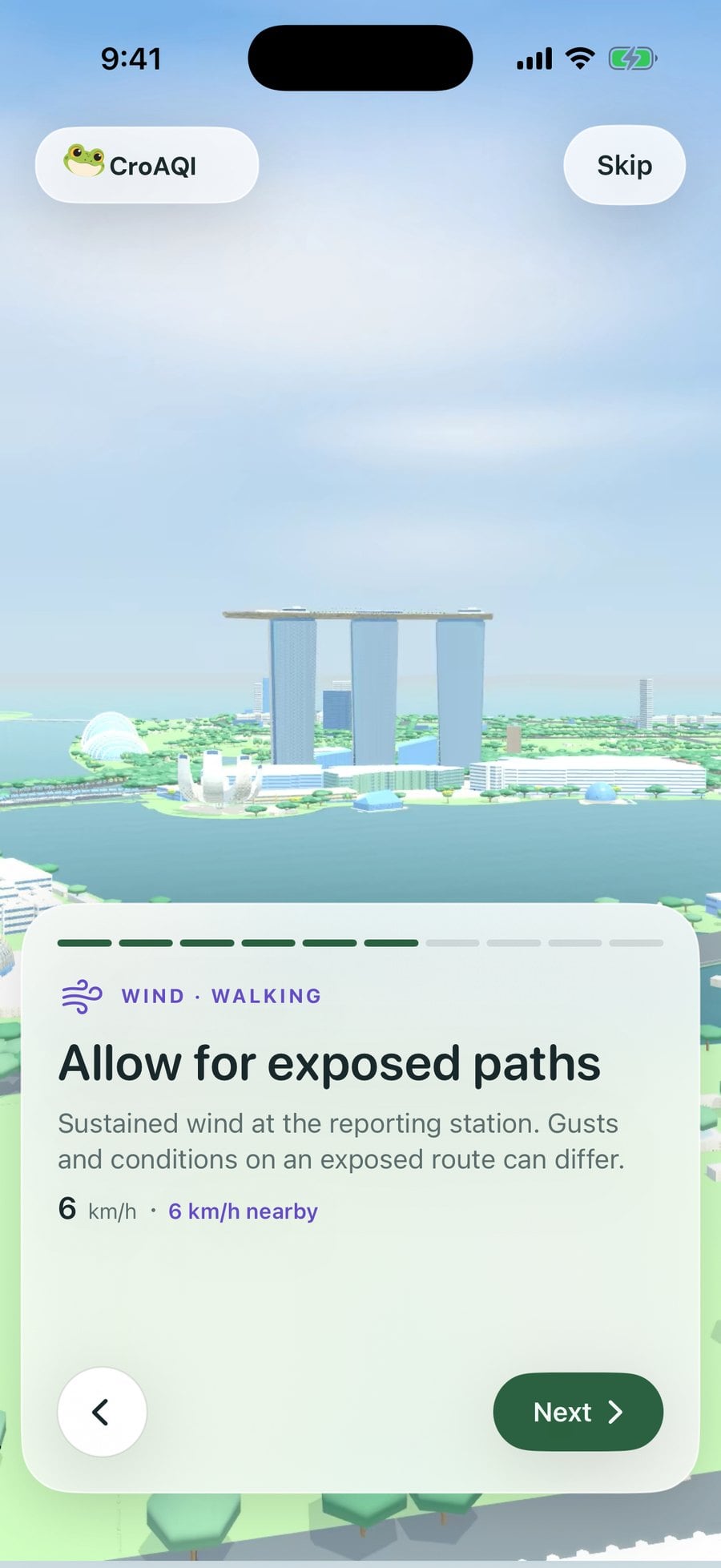 CroAQI wind advice for a walk on an easy day at Marina Bay.